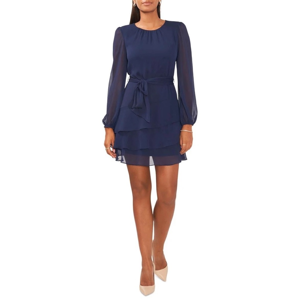 NWT Macy’s MSK Navy Blue Long Bishop Sleeve Dress Petites SZ XL Ruffled Preppy